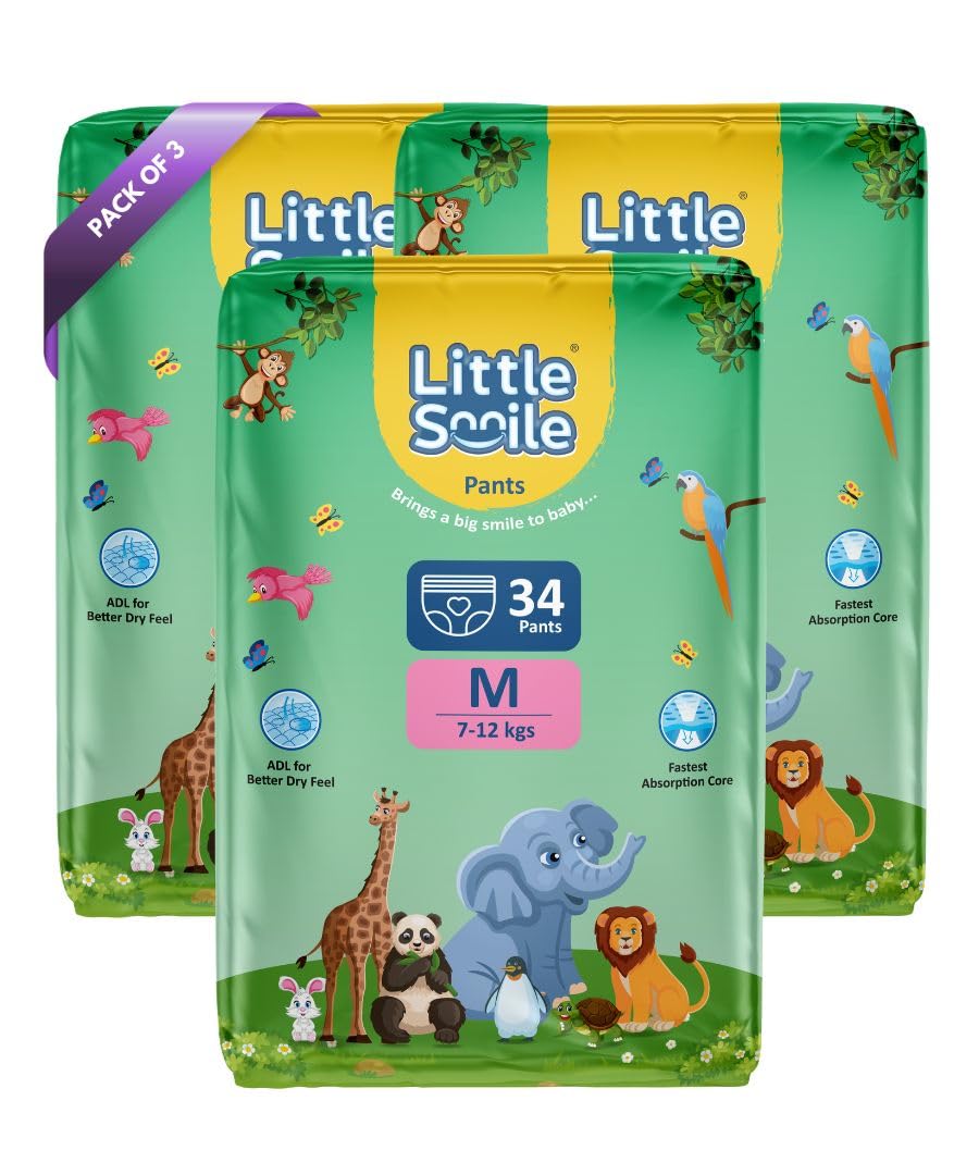 Little Smile Baby Diapers Pant Style | Medium (M) Size | Ideal For 712 Kgs Baby | 102 Count Odorless And Antibacterial Layer W