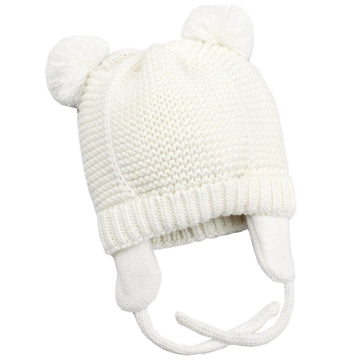 Baby Beanie Earflaps Hat - Infant Toddler Girls Boys Soft Warm Knit Hat Kids Winter Hat With Fleece Lining (White,L)