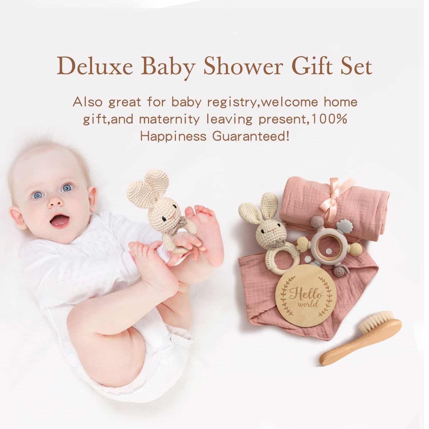 Youuys Baby Gift Set For Newborn - Baby Essential Bath Basket Gift Set With Baby Blanket Baby Rattle Teether Toy & Hair Brush Ne