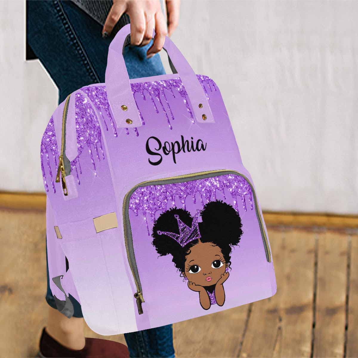 Artsadd Personalized Girl Baby Diaper Bag, Crown Purple Glitter Travel Backpack Casual Daypack Custom Multi-Function Nappy Bag W