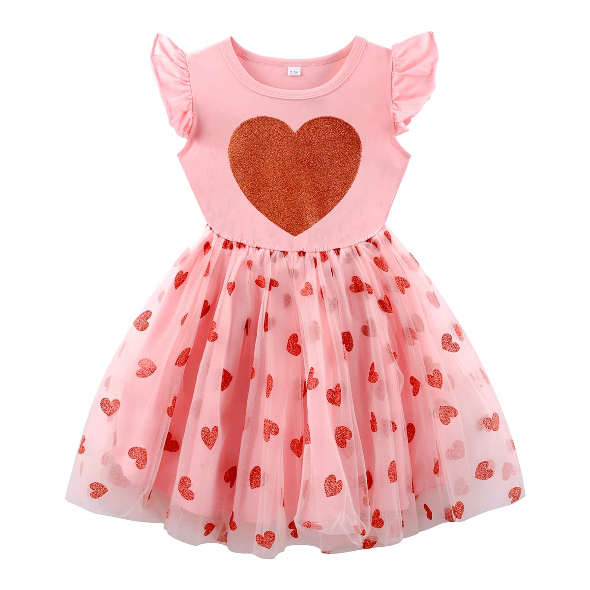 Girls Valentines Dress Glittering Heart Print Tutu Valentines Day Birthday Princess Dress Mesh Tulle Valentines Outfit 2T/1837