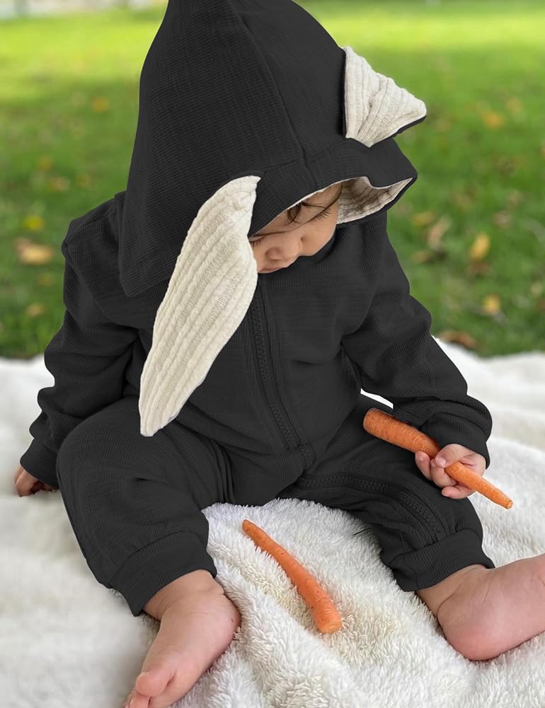 Agqt Baby Boys Bunny Costume 1St Easter Outfit Onesie Halloween Animal Clothes One Piece Romper Rabbit Ear Hoodie Black Size 12-