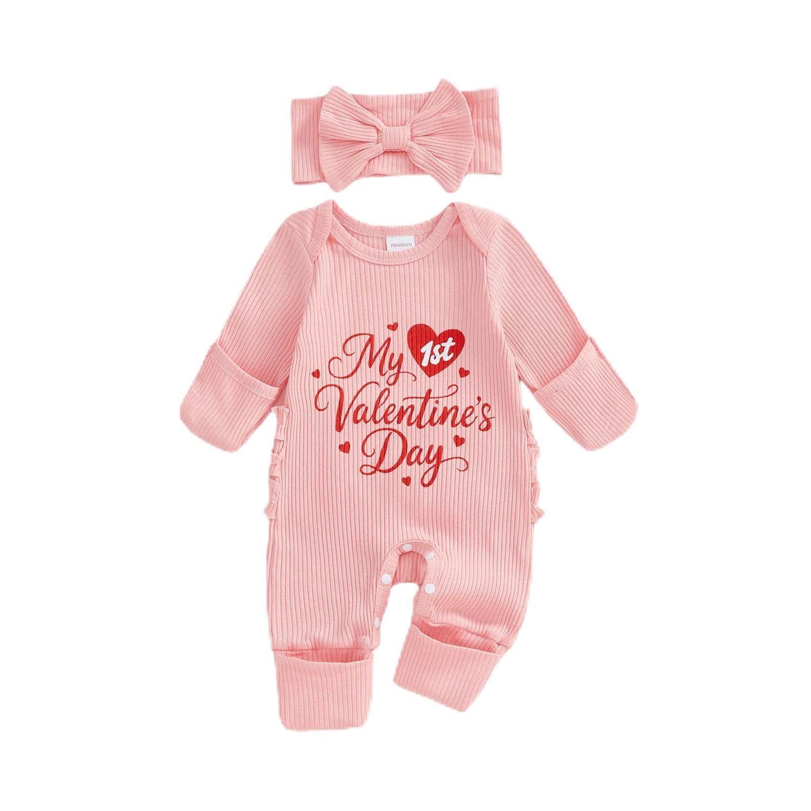 mlpeerw My First Valentines Day Baby Girl Outfit Newborn 1st Valentines Romper Ribbed Jumpsuit Cute Infant Spring Clothes (My 1s
