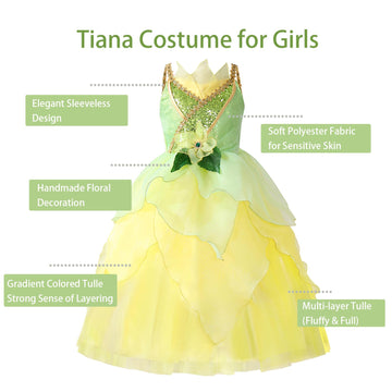 Mdycw Princess Tiana Fairy Costume Halloween Dress Up For Girls, Special Occasion Dresses Birthday Party Fancy Outfits 8-9T