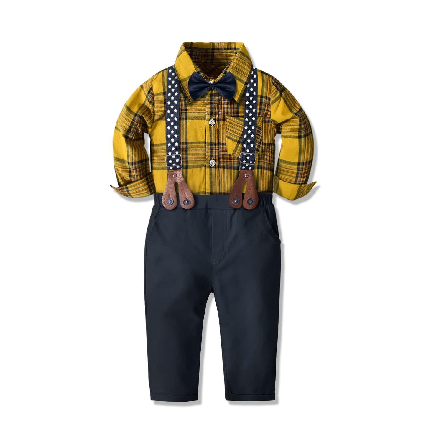 Yilaku Baby Boy Clothes Toddler Dress Outfits Infant Gentlman Suit 4 Piece Shirts + Bow Ties + Suspenders Pants Set