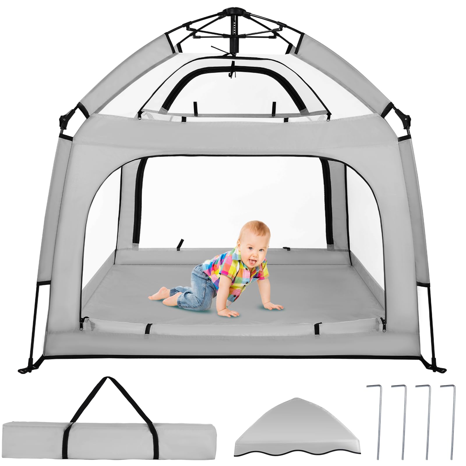 Bend River Portable Baby Playpen with Canopy, Infant Play Yard, Beach Tent, Mosquito Net for Indoor and Outdoor (Grey)