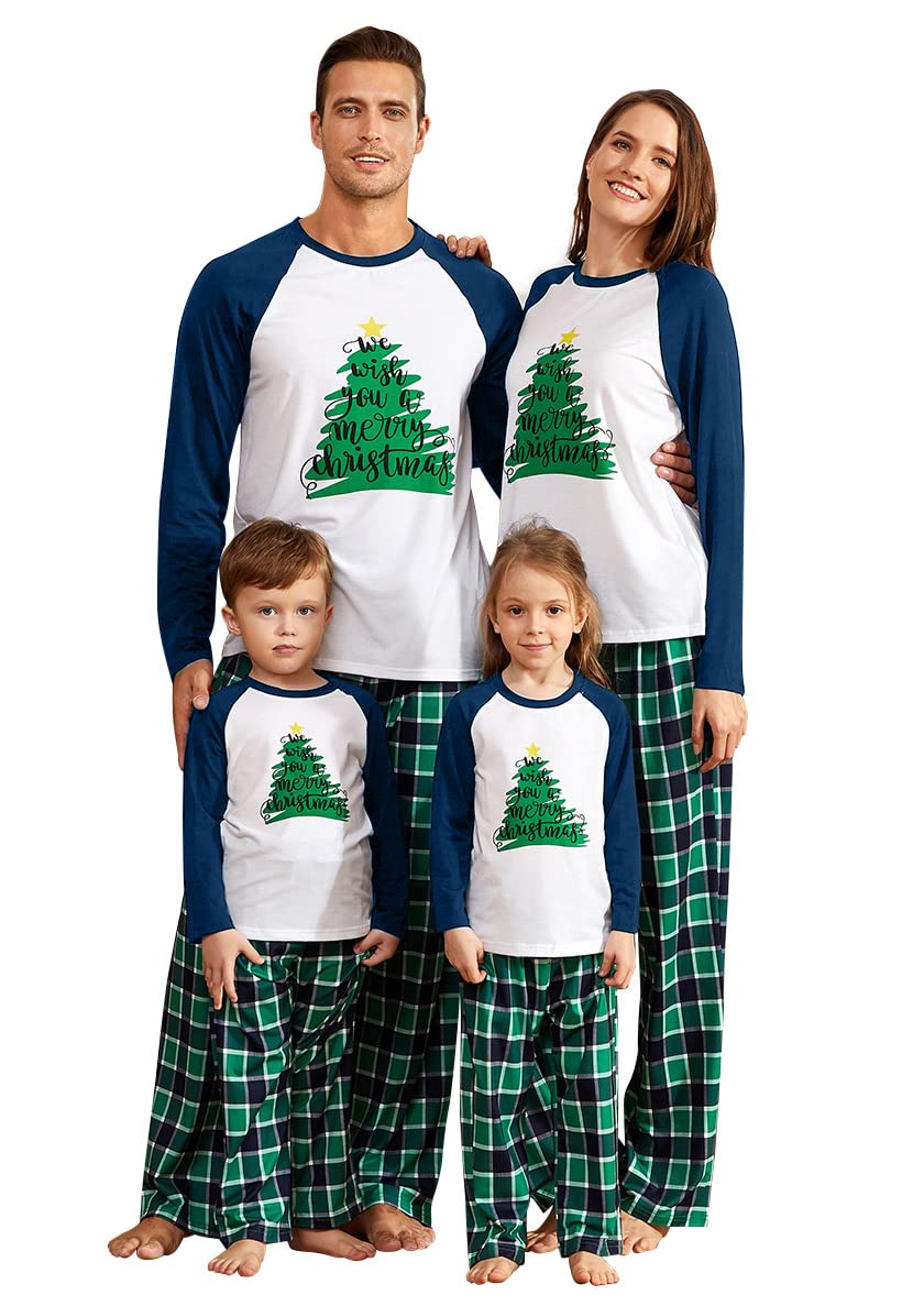 Iffei Family Christmas Pajamas Matching Sets Tree Printed Shirt And Plaid Pants Jammies With Pockets 3-4 Years