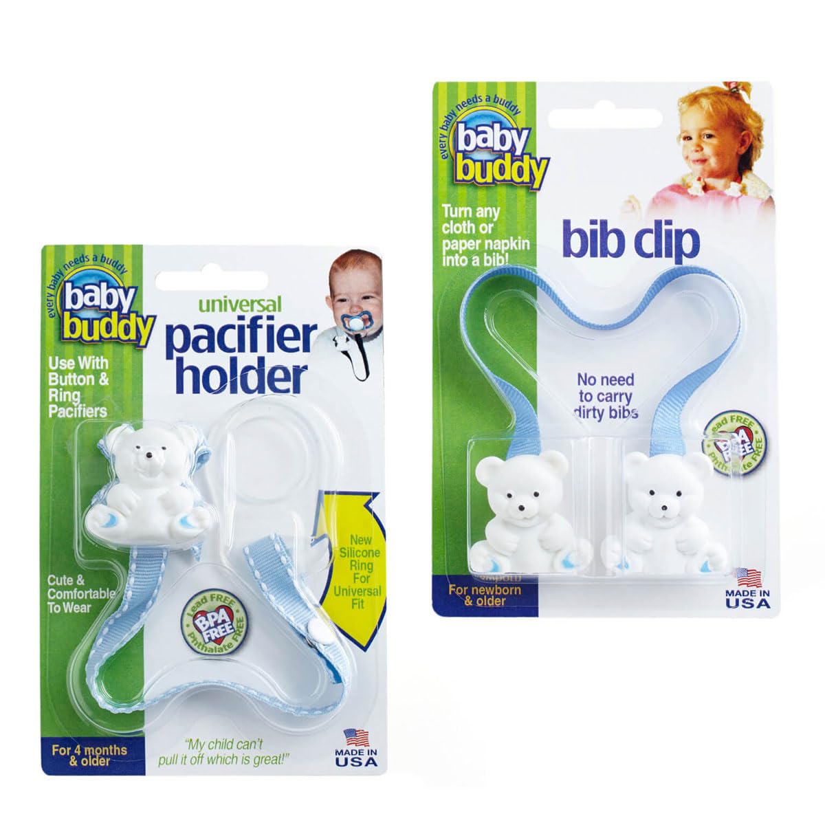 Baby Buddy Bundle: One Universal Pacifier Holder Clip -Blue-White Stitches & One Baby Bib Clip - Blue, Keeps Paci Close and Clea