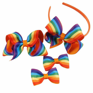 JIAHANG Baby Girls Grosgrain Ribbon 4 Inch Hair Bow Headband and Alligator Clips Set, Rainbow Color Hair Bow Accessories for Chi