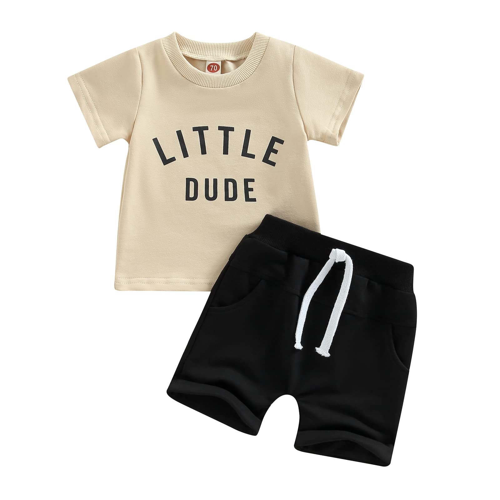 Toddler Baby Boy Clothes Letter Short Sleeve T Shirt Top Boys Shorts With Pocket Cute Summer Outfit 2Pcs Set (Little Dude Khaki,