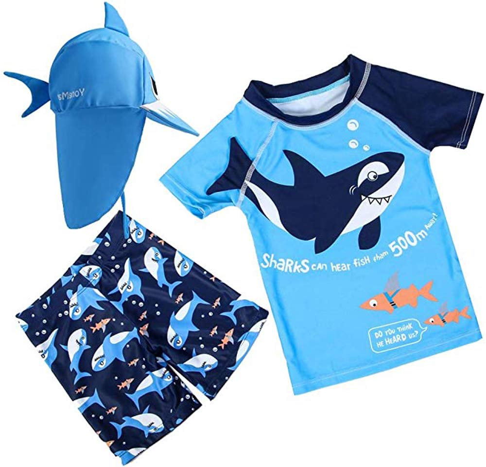 Baby Toddler Boys Two Pieces Swimsuit Set Swimwear Dinosaur Bathing Suit Rash Guards With Hat Upf 50+(Shark,18-24 Months)