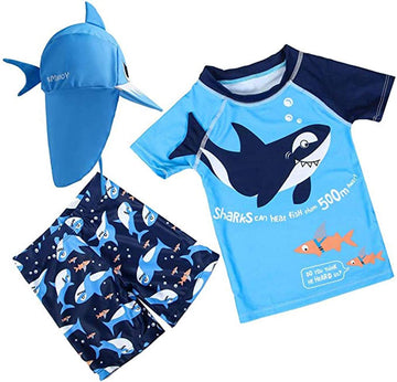 Baby Toddler Boys Two Pieces Swimsuit Set Swimwear Dinosaur Bathing Suit Rash Guards With Hat Upf 50+(Shark,18-24 Months)