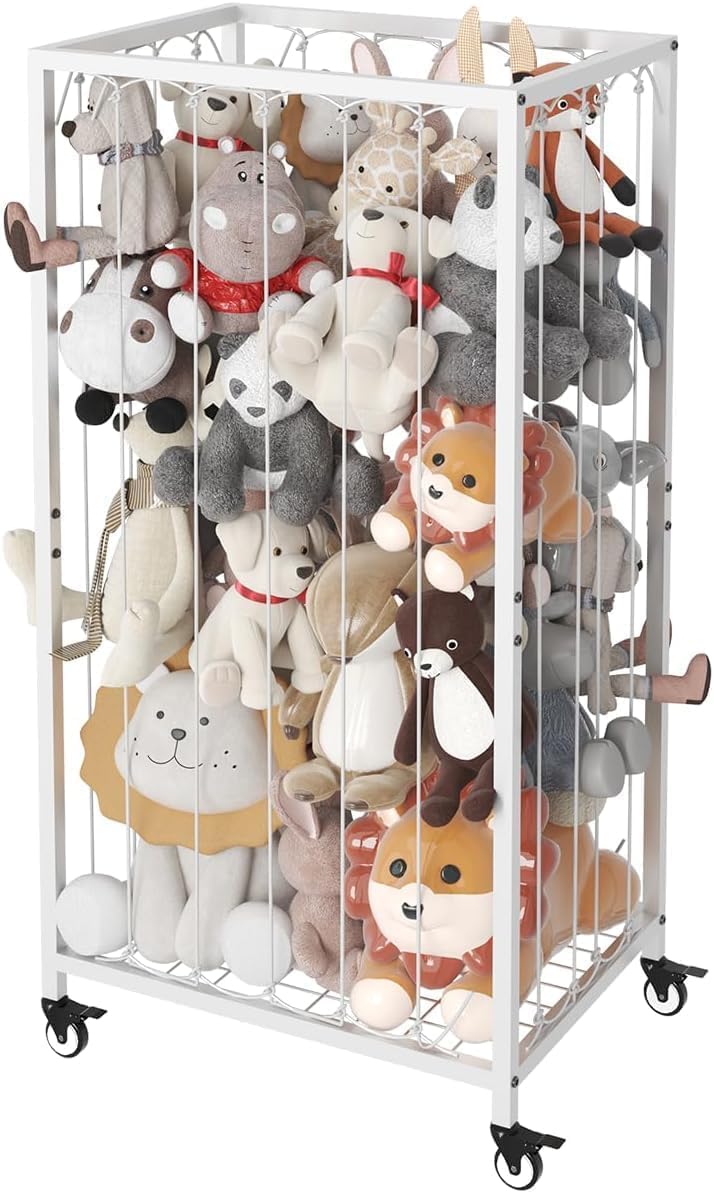OGFC 69117 Decorative Stuffed Animal Storage Organizer with Wheels, Stuffed Animal Zoo Shelf with Elastic Rope for Nursery, Play