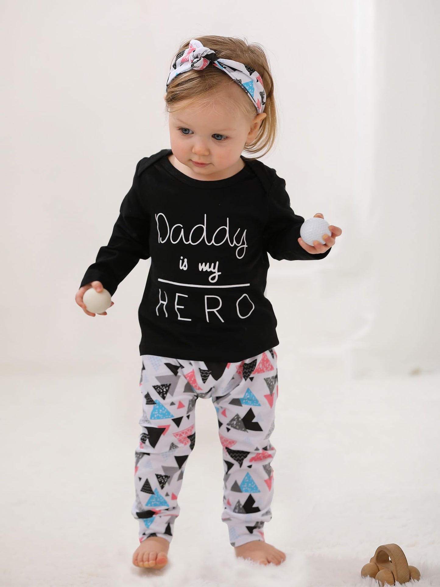 Baby Girls 3Pcs Outfit Set Letters Daddy Is My Hero T-Shirt Tops Geometric Pants With Headband (3-6 Months)