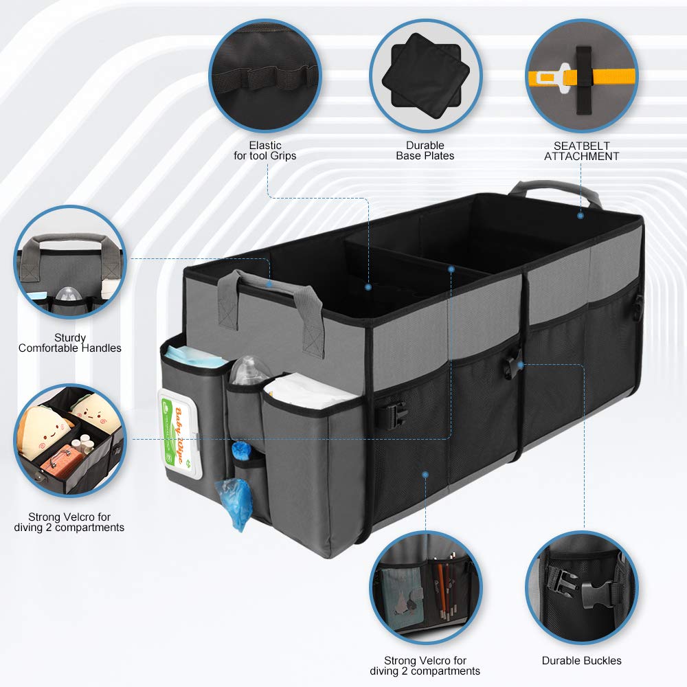 Collapsible Trunk Organizer & Diaper Changing Station, Baby Diaper Caddy Organizer With Movable Dividers, Easy-To-Reach For Back