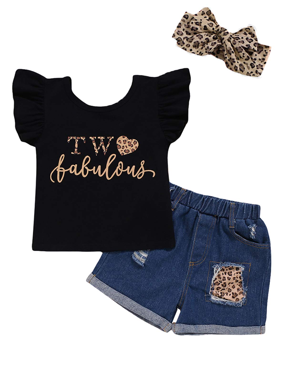 Shalofer Toddler Girl 2Nd Birthday Outfit Second Birthday Outfit Girl Denim Short Set(Black,2T)
