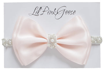 0-12 Newborn Baby Baptism Pearl Headband With Bow In White Christening Headband With Satin Bow, Pearl Rhinestone Band (Light Pin