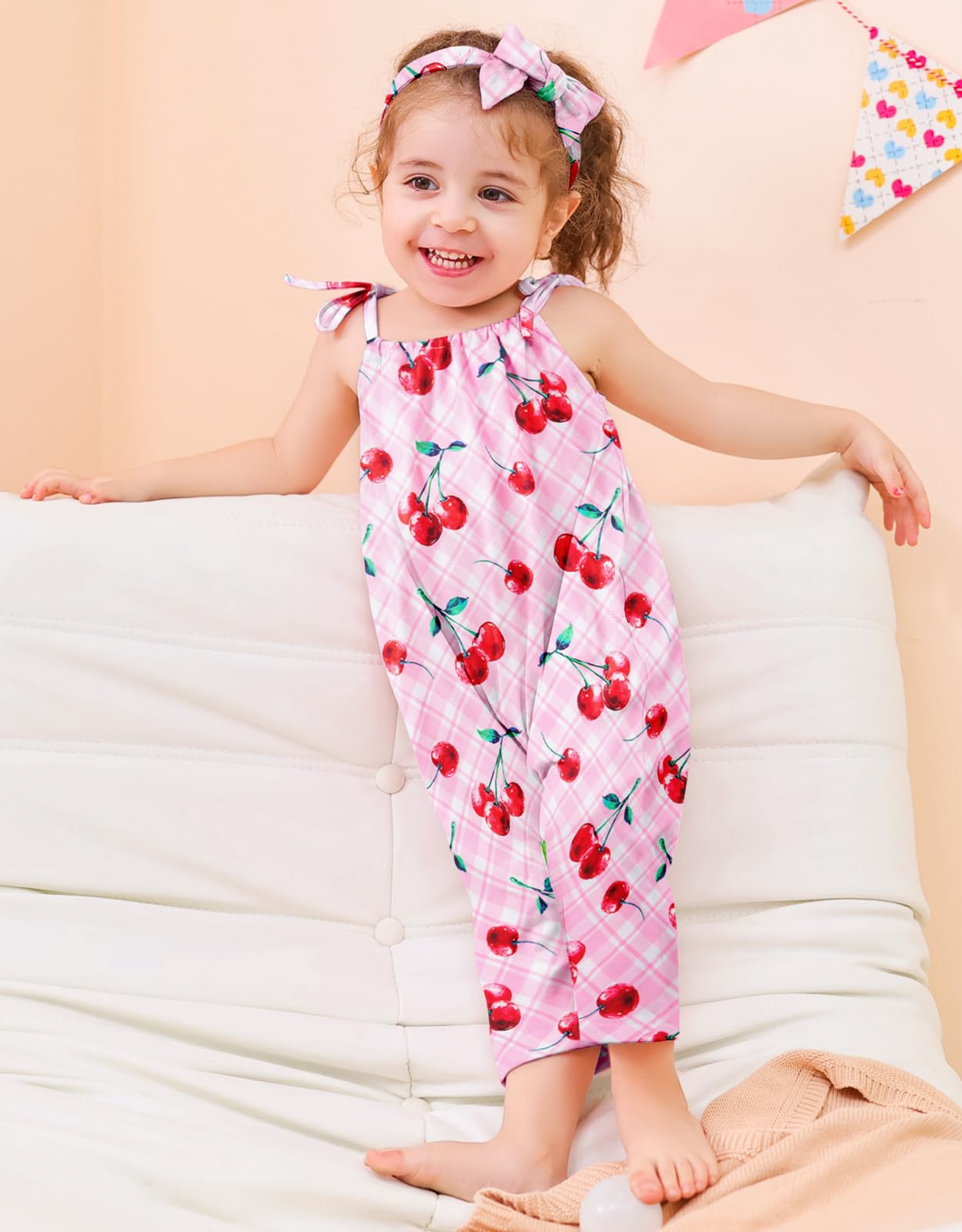 Lindanina 4T Girls Summer Clothes Toddler Red Cherry Romper Jumpsuits Kids Outfits 5T Cute Adjustable Tie-Up Strap One Piece Sle