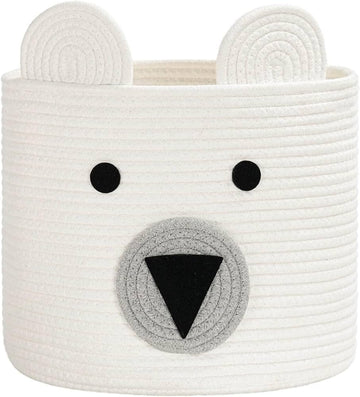 DOLCE CASA Kids Lid Basket  White Pandda  Rope Storage Basket For Baby Diaper, Stuffed Animal Storage Bin, Baby Laundry Basket