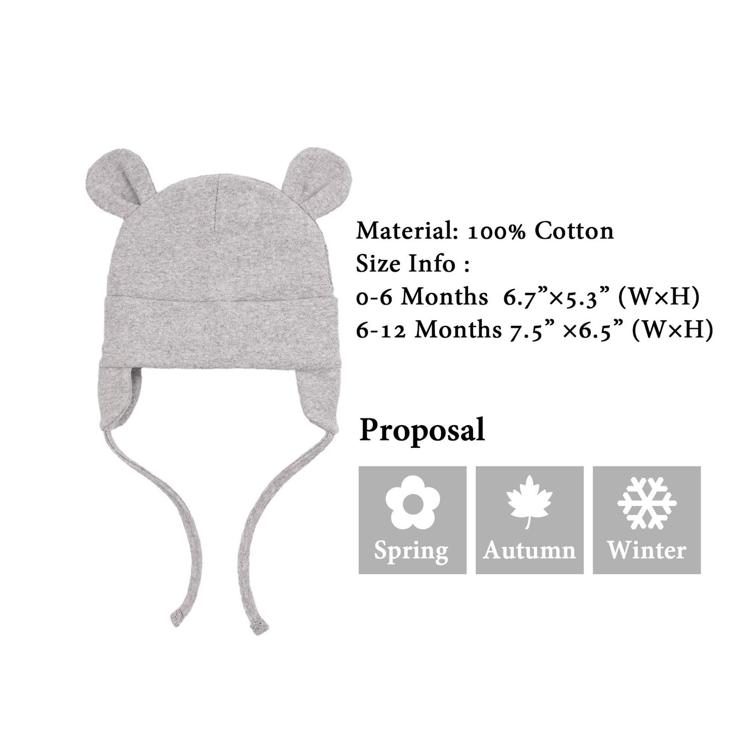 Jangannsa Bear Cotton Newborn Hat Ear Flap Baby Hospital Cap New Born Warm Beanie For Boys Girls Autumn Winter(White+Gray+Black,