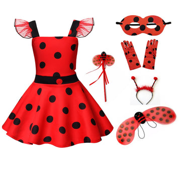 Girls Ladybug Costume Ladybug Dress Polka Dots Dress Birthday Dress Up Halloween Costume For Girls (Red Polka Dot,4T)