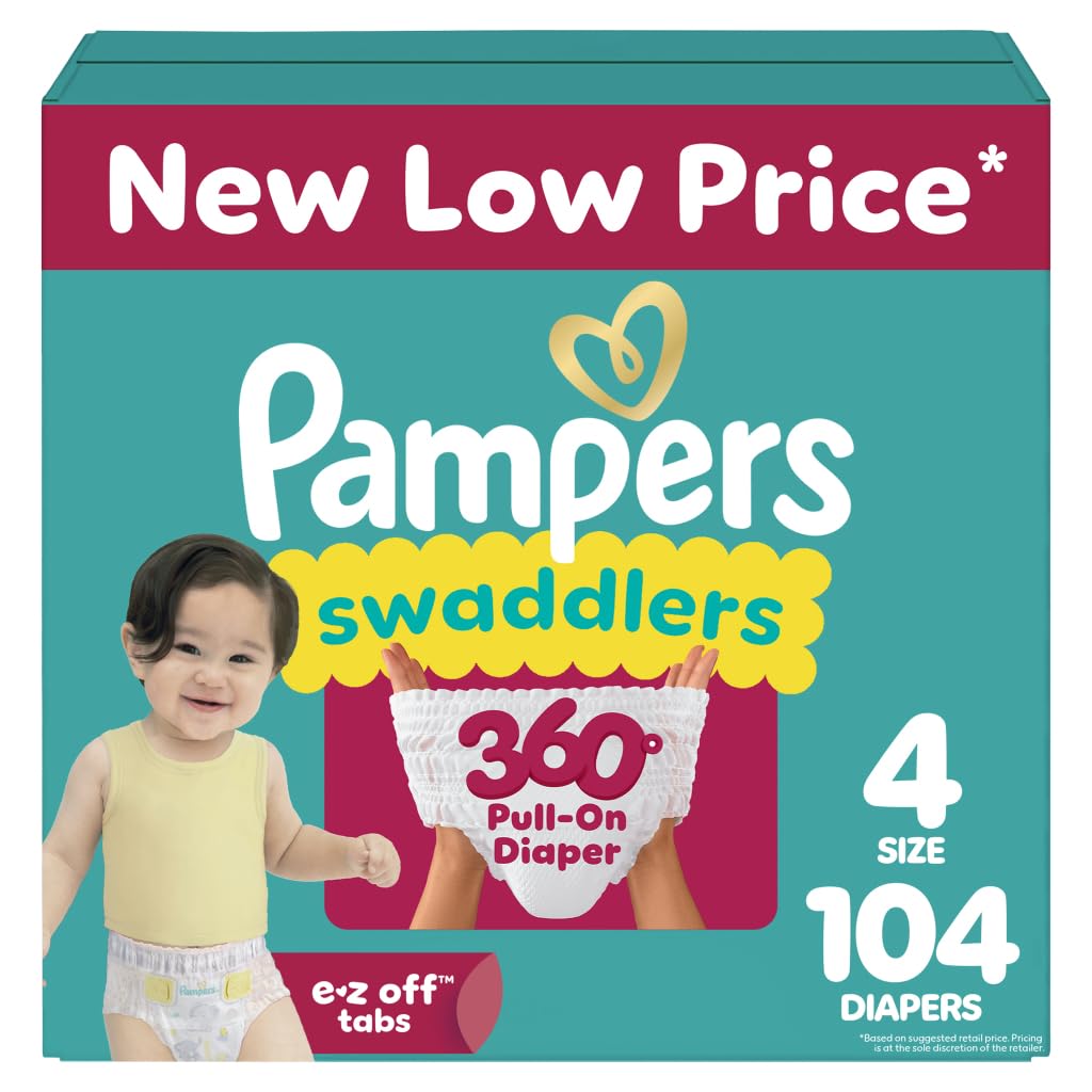 Pampers Diapers - Swaddlers 360 - Size 4, 104 Count, up to 100% Leakproof Comfy Dry Fit, Designed for Easy Changes, Pull On Baby
