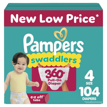 Pampers Diapers - Swaddlers 360 - Size 4, 104 Count, up to 100% Leakproof Comfy Dry Fit, Designed for Easy Changes, Pull On Baby