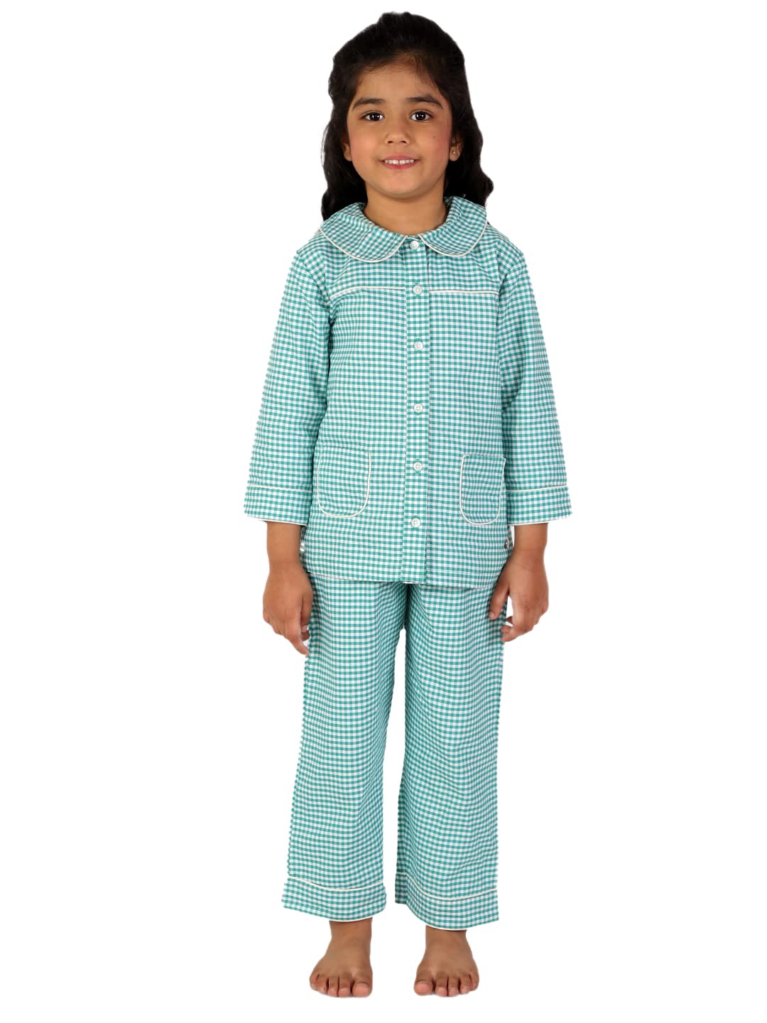 White Dahlia Baby Girl Cotton Checkered Night Suit (Pack of 1) (WDNS03_Green_8 Years9 Years)
