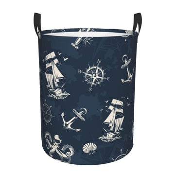 Pevtufa Vintage Marine Foldable Laundry Basket Organizer,Fabric Clothes Toy Storage Basket Nursery Hamper Storage Bin For Househ