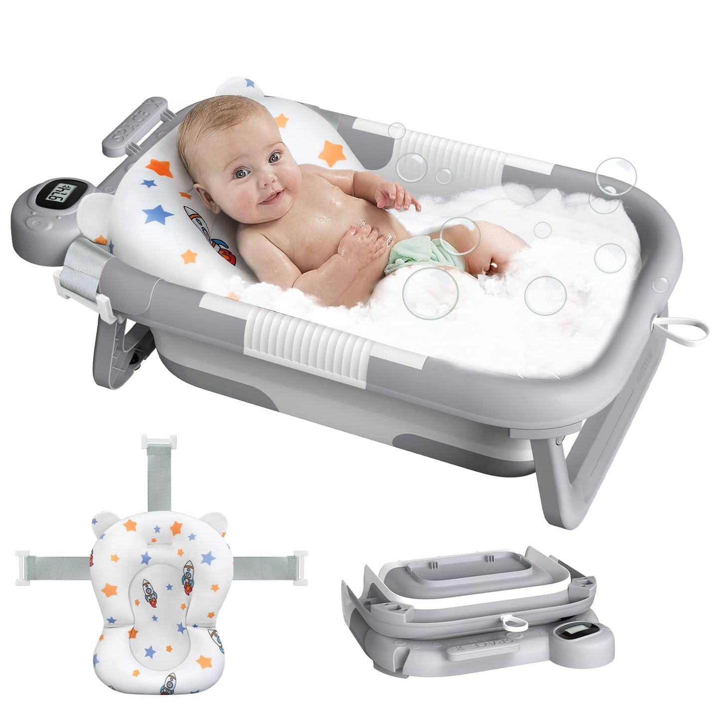 Reeple Collapsible Baby Bath Tub For Newborn To Toddler With Floating Cushion For Bath Support, Portable Baby Bath Tub With Real