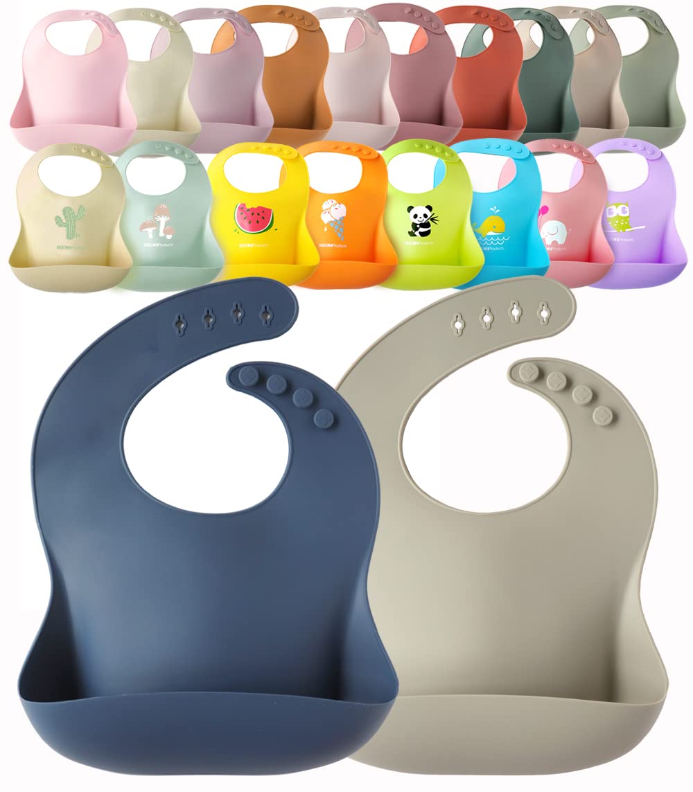 YMCF Products 2-Pack Waterproof Silicone Baby Bib Lightweight Comfortable Easy-Wipe Clean (Navy/Grey)