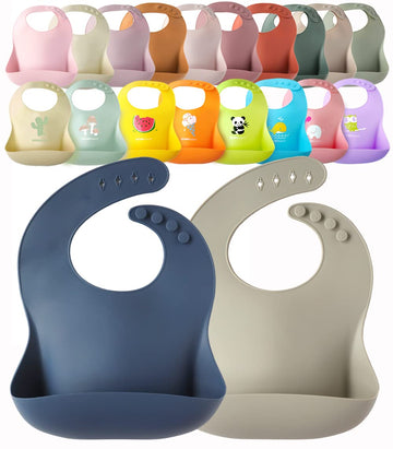 YMCF Products 2-Pack Waterproof Silicone Baby Bib Lightweight Comfortable Easy-Wipe Clean (Navy/Grey)