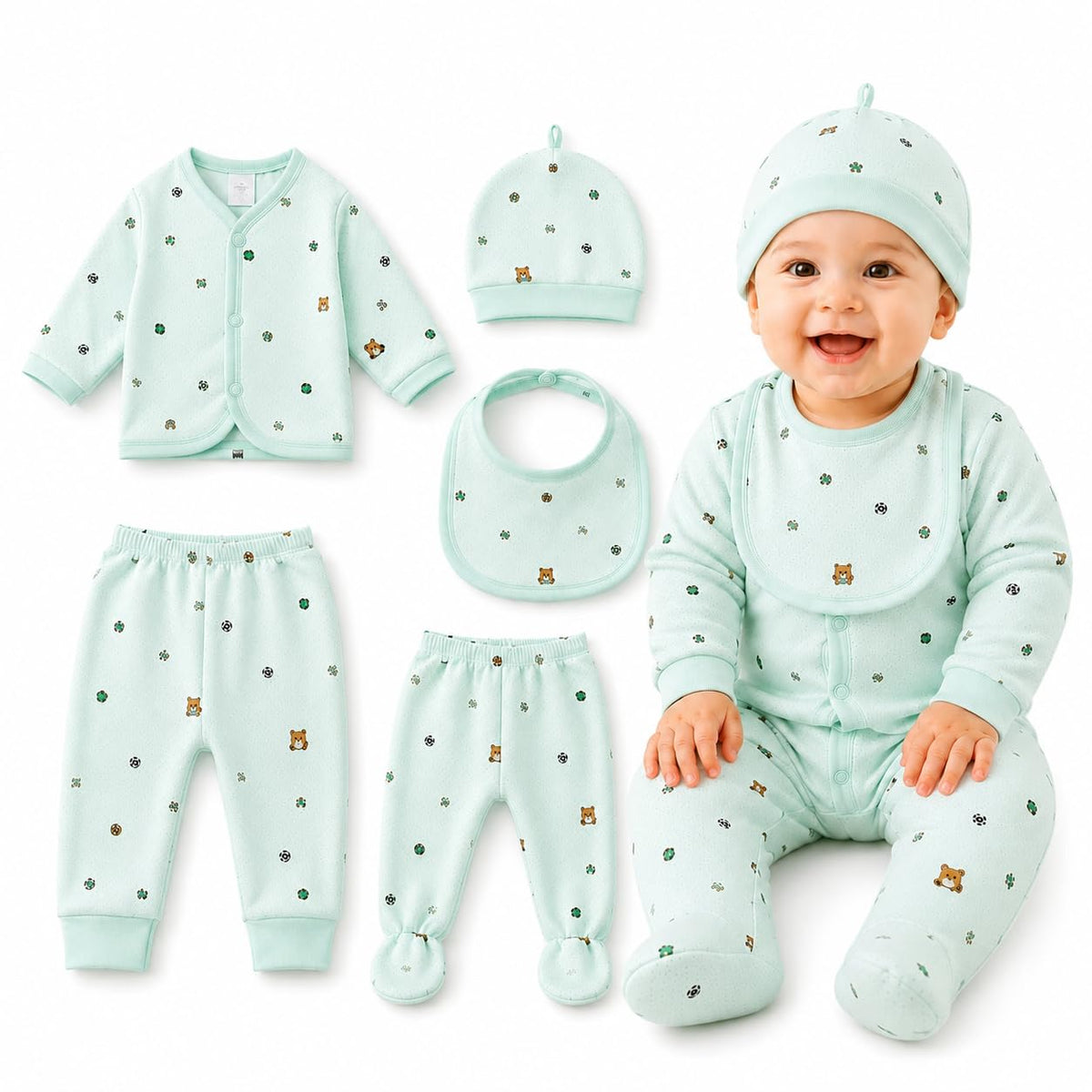 Newborn Baby Clothes Set 03 Months, 5Piece Quilted Cotton Blend Clothing Set with Wrap Top, 2 Pants, Cap & Bib, Unisex Baby Bo