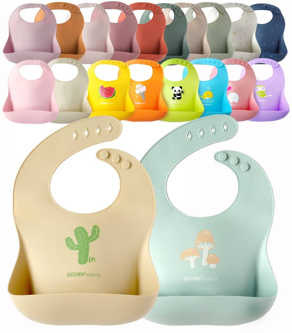 YMCF Products 2-Pack Waterproof Silicone Baby Bib Lightweight Comfortable Easy-Wipe Clean (Purple/Light Pink, Large)