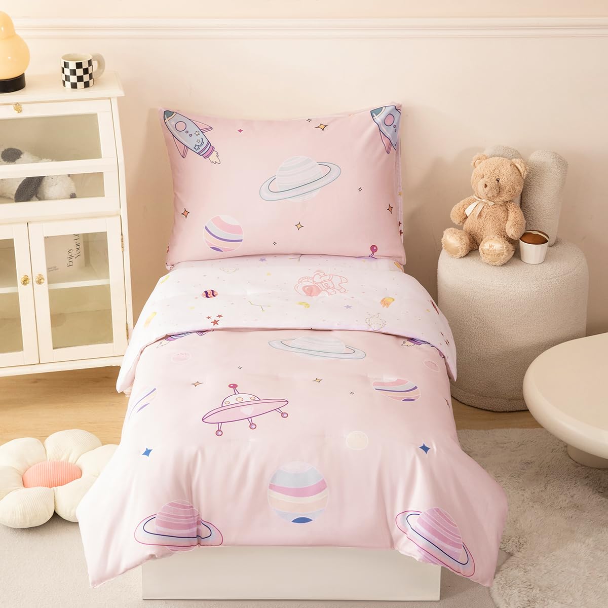 Perfemet 4 Piece Toddler Girl Bedding Set Space Theme Pink Toddler Bed Set With Sheets Soft Reversible Astronaut Planets Toddler