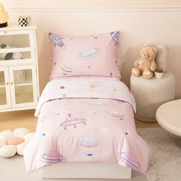 Perfemet 4 Piece Toddler Girl Bedding Set Space Theme Pink Toddler Bed Set With Sheets Soft Reversible Astronaut Planets Toddler