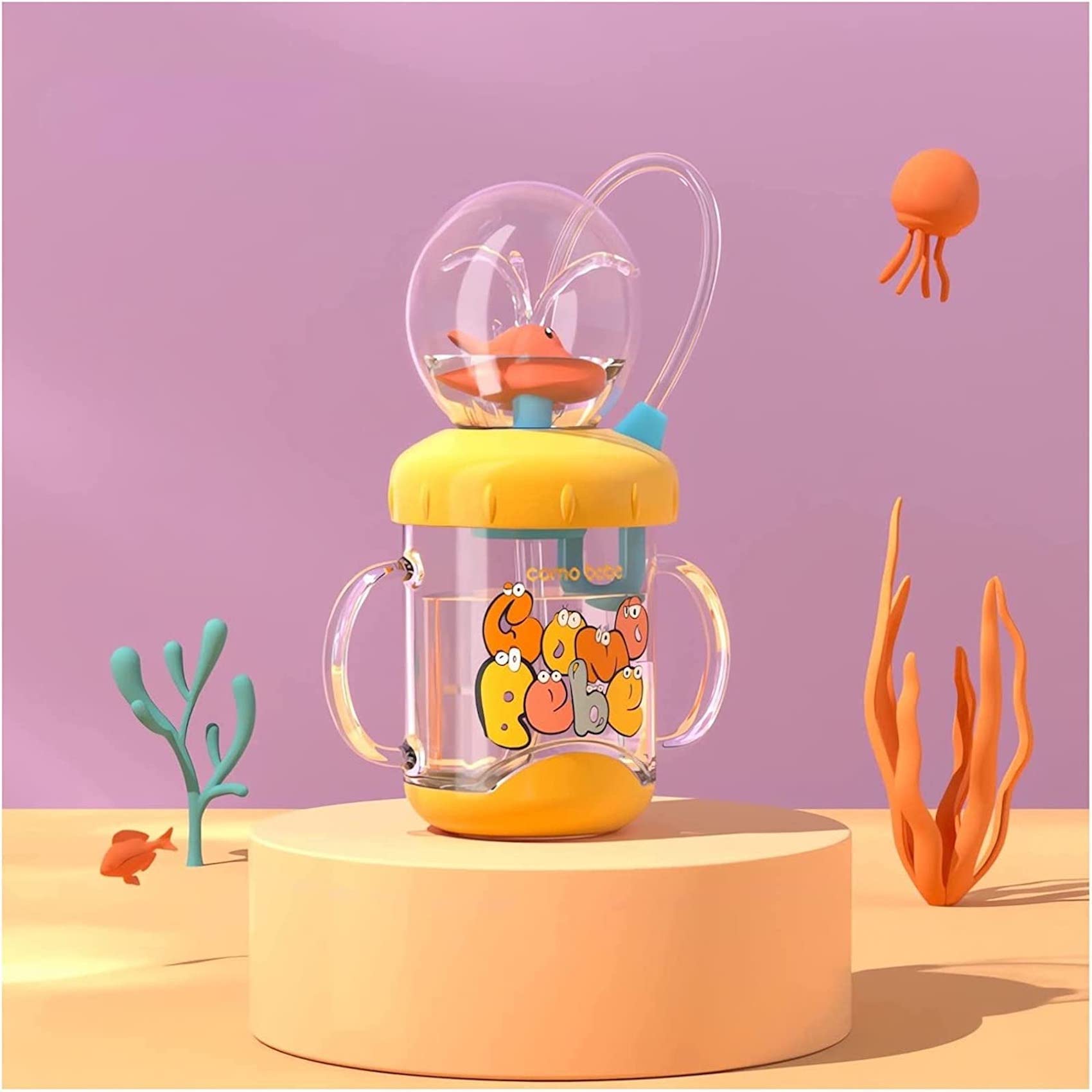 Cute Whale Cup With Squirt - Water Bottle, Sippy Cup With Leak Proof Weighted Straw For Kids (220Ml/Yellow)