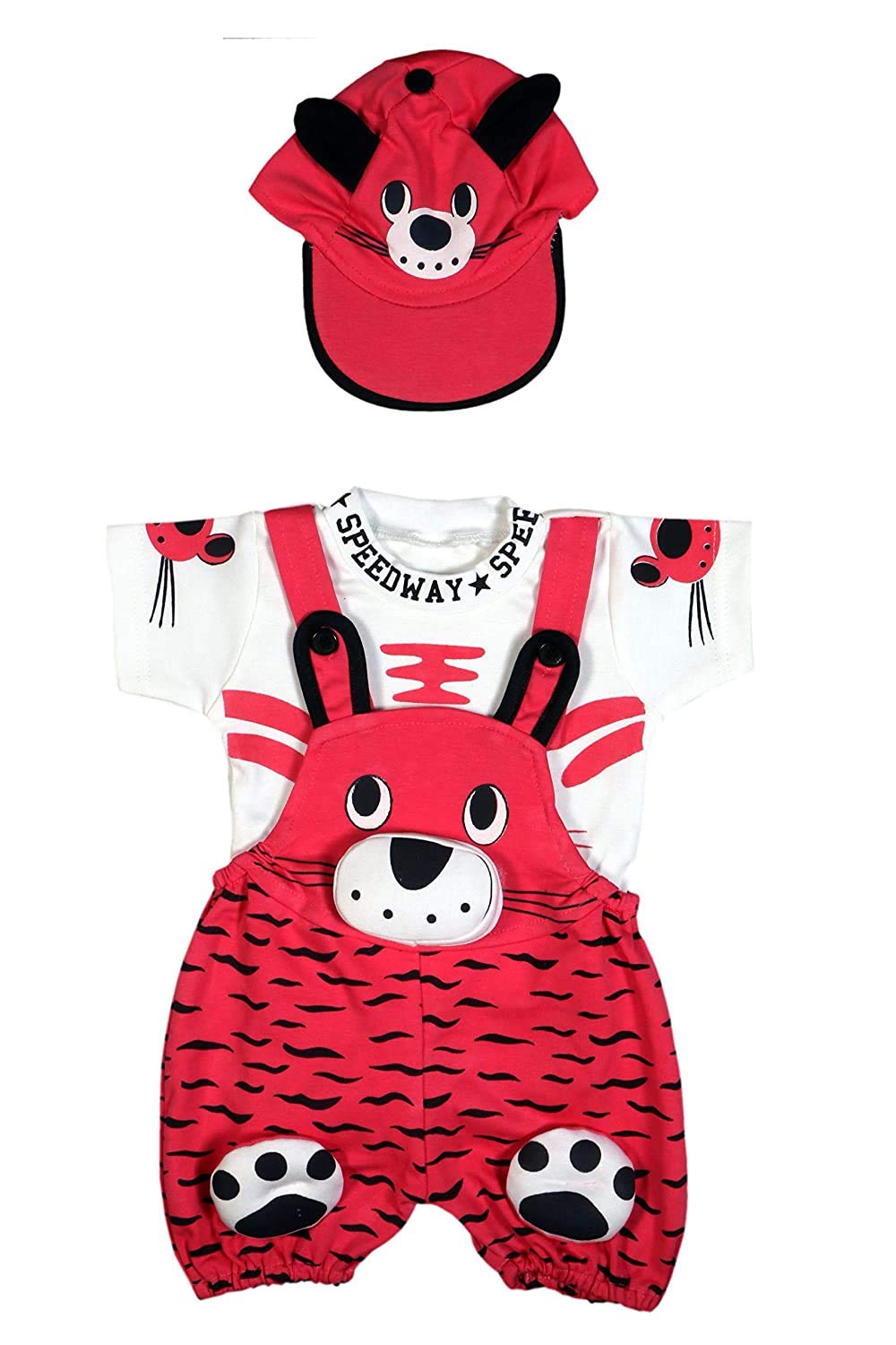 Wearilio Baby BoyS And Baby GirlS Dungree Set / Romper Set With TShirt And Cap (12 Months  24 Months, Rani)