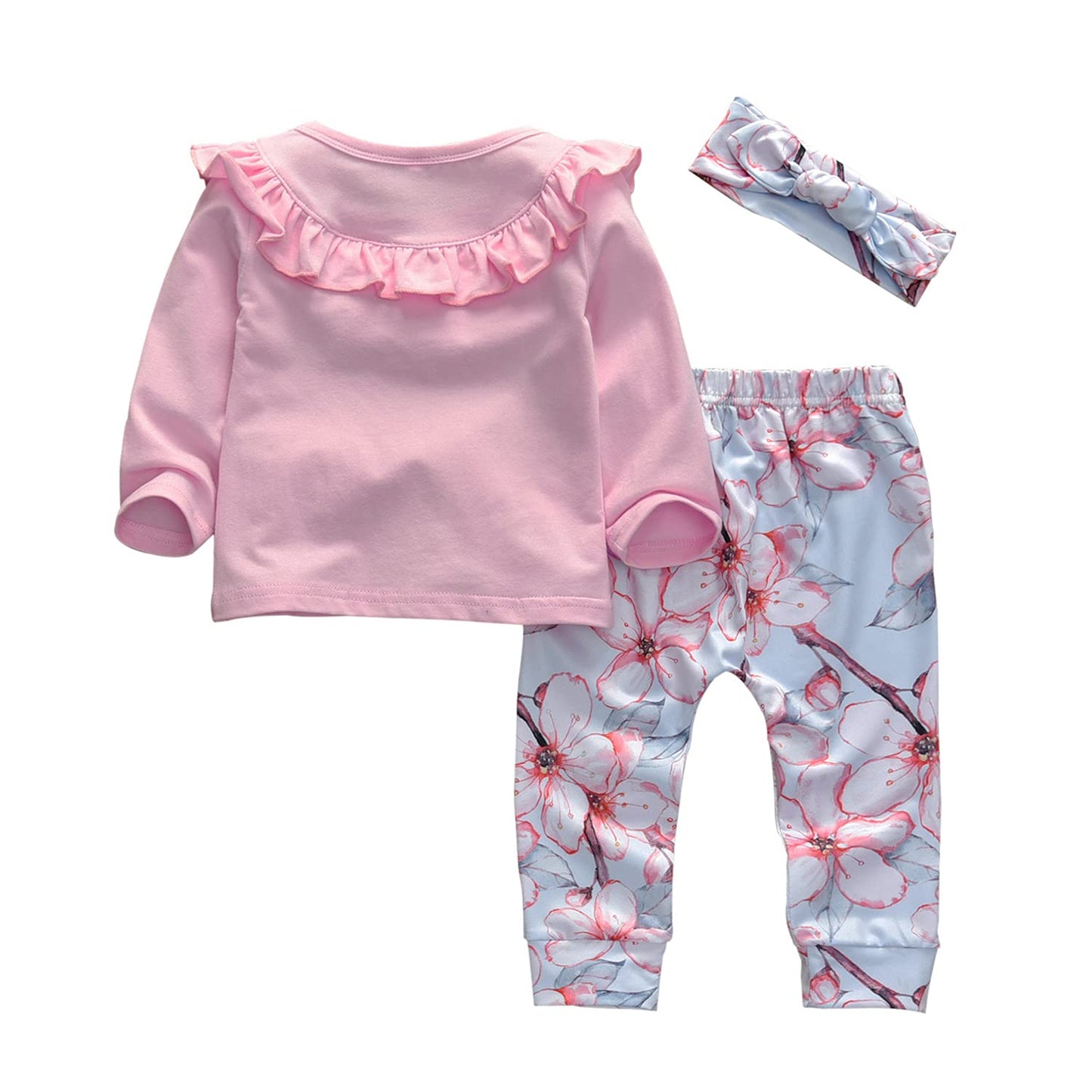 Kukitty 3Pcs Baby Girl Outfits Set Long Sleeve Ruffle T-Shirt Tops Floral Printed Pants With Headband (9-12 Months)
