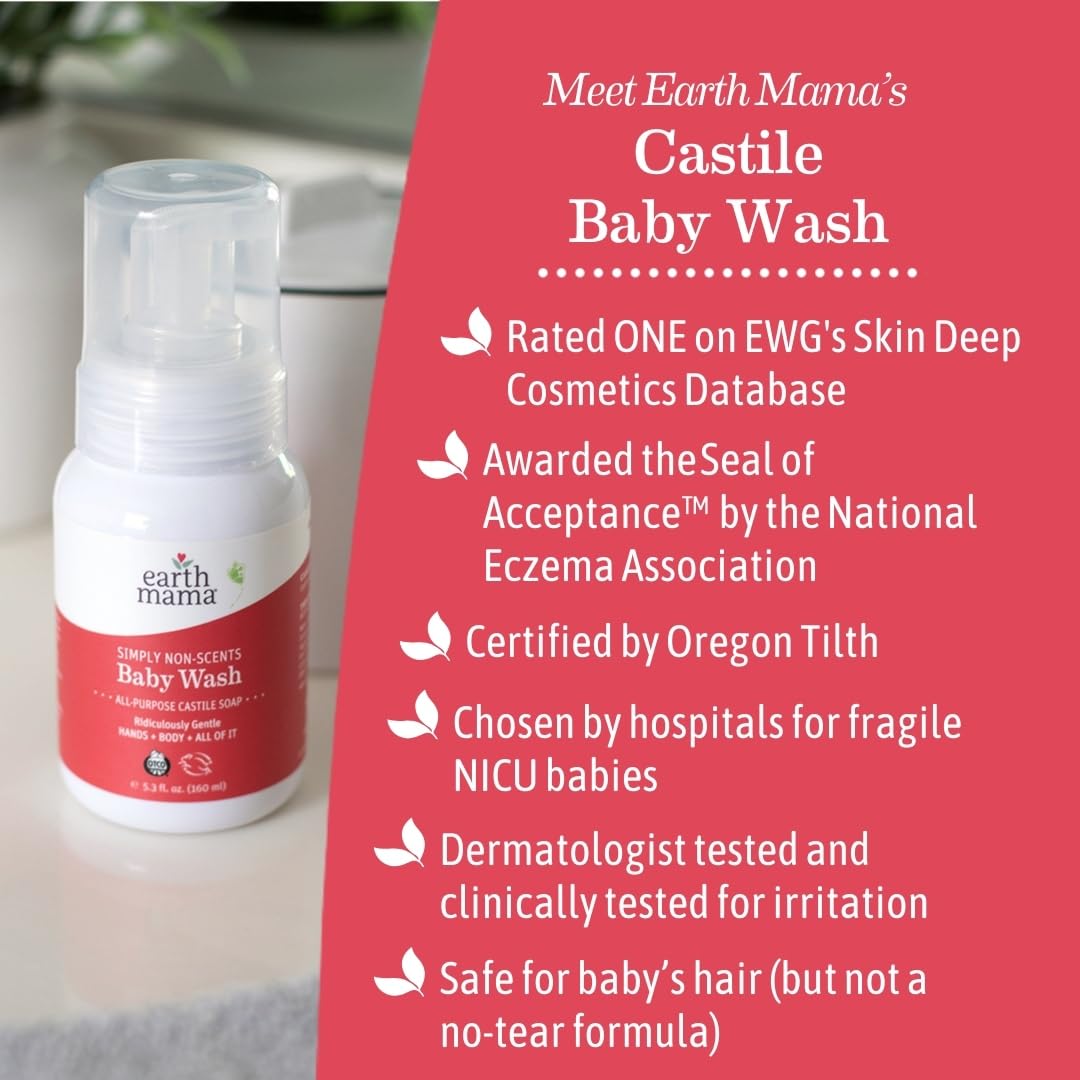 Earth Mama Simply Non-Scents Baby Wash Foaming Hand Soap, Organic Fragrance Free, Unscented Body Wash, Castile Soap with Coconut