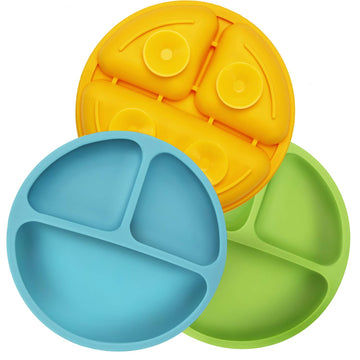 Pandaear Divided Unbreakable Silicone Baby And Toddler Plates - 3 Pack - Non-Slip - Dishwasher And Microwave Safe - Silicone (Bl