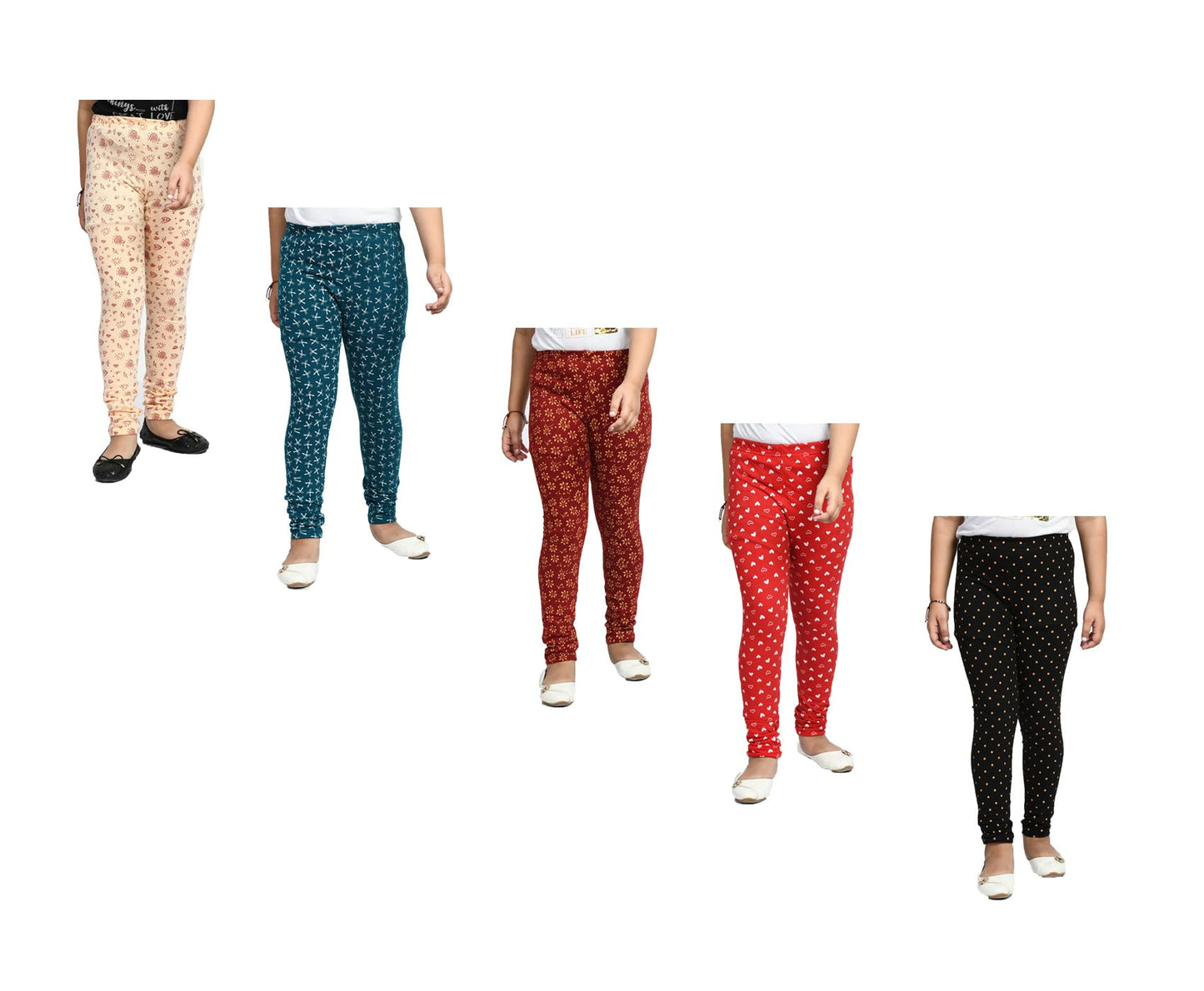 Girls Cotton Stylish Printed Slim Fit Leggings Pants (Pack of 5) Multicolor260
