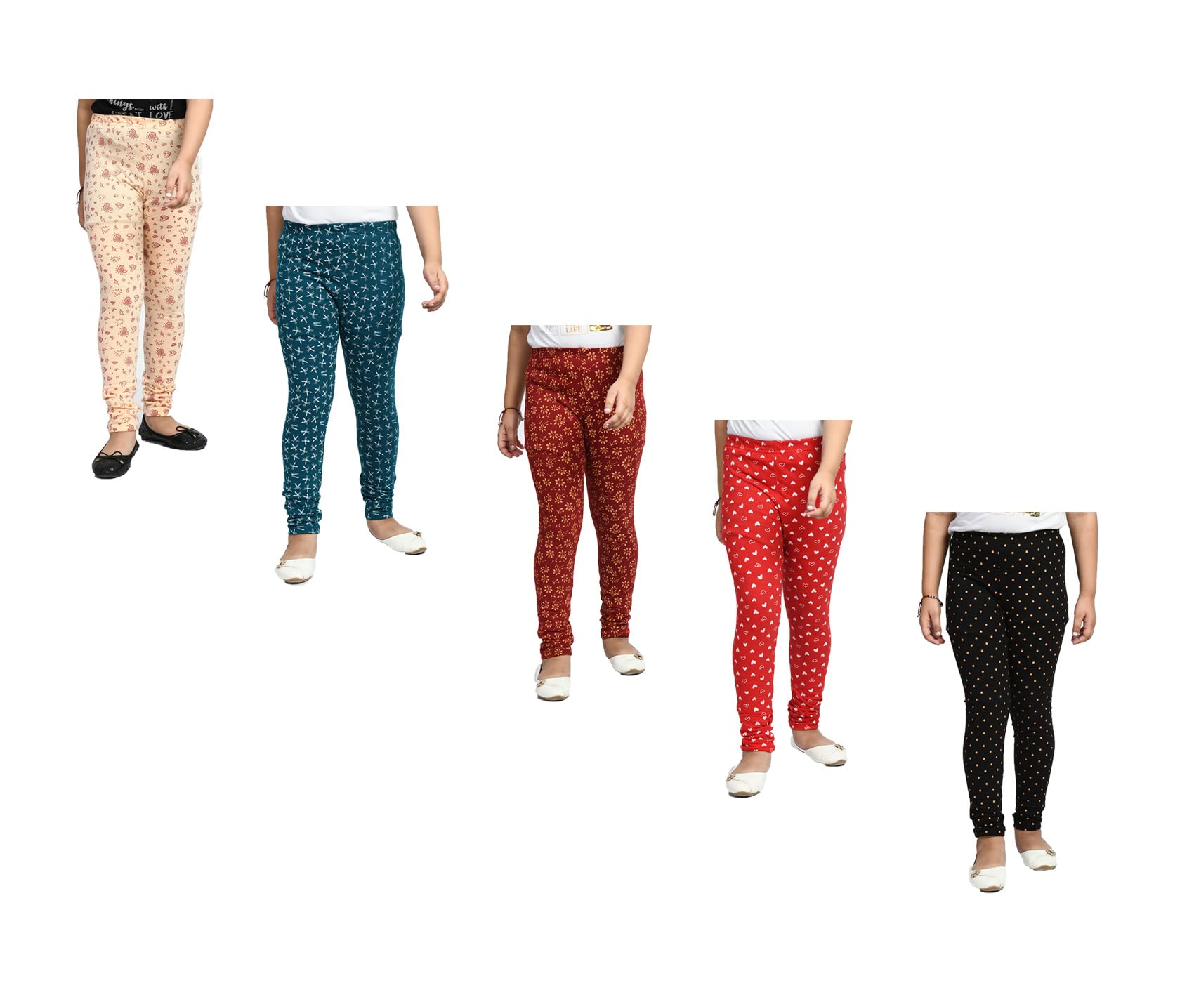 Girls Cotton Stylish Printed Slim Fit Leggings Pants (Pack of 5) Multicolor260