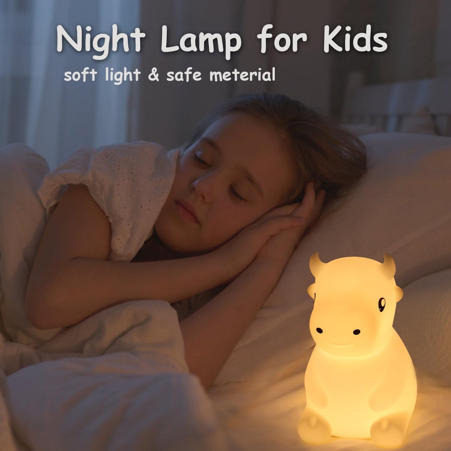 SMOORITA Night Light for Kids, Cute Night Lamp Bedroom Cow Nightlight for Baby Girl Boy Teem, Battery Powered Silicone Animal Ni