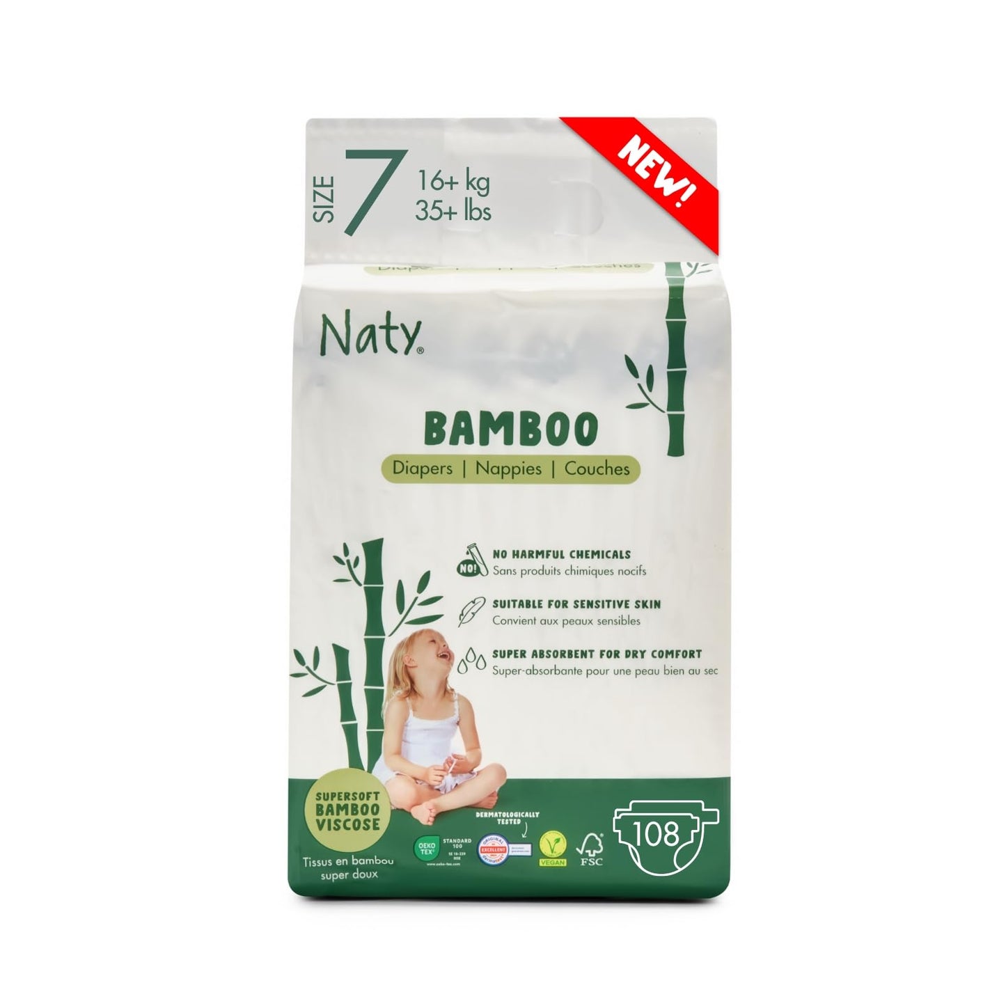 Naty Bamboo Viscose Baby Diapers - Silky Soft, Plant Based, Dermatologically Tested for Sensitive Skin & Super Absorbent (Size 7