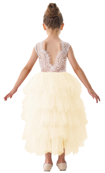 2Bunnies Girl Peony Lace Back A-Line Tiered Tutu Tulle Flower Girl Dress (Ivory Sleeveless Maxi, 6)