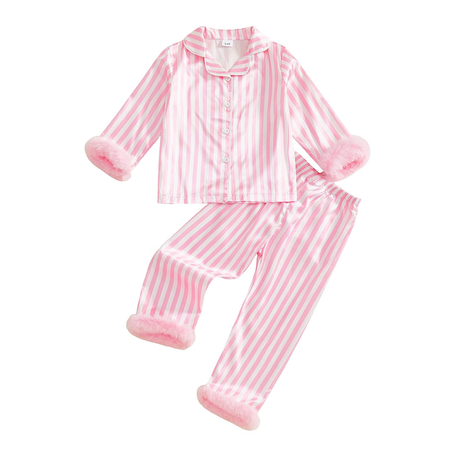 Kavousa Toddler Girls Boys Fall Silk Pajamas Stripe Long Sleeve Button Shirts Tops And Pants 2 Pieces Kids Lounge Sleepwear (Fuz