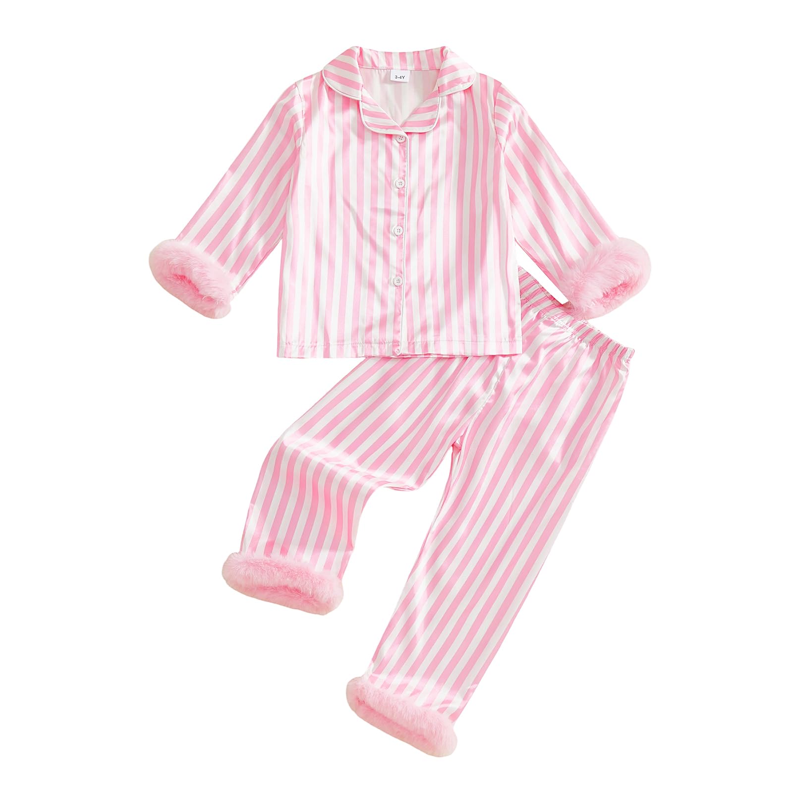 Kavousa Toddler Girls Boys Fall Silk Pajamas Stripe Long Sleeve Button Shirts Tops And Pants 2 Pieces Kids Lounge Sleepwear (Fuz