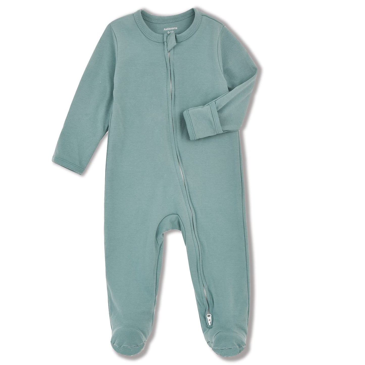 Aablexema Baby Footed Pajamas With Mitten Cuffs - Unisex Newborn Infant 2 Ways Zipper Cotton Footie Pjs(Green,6-12M)