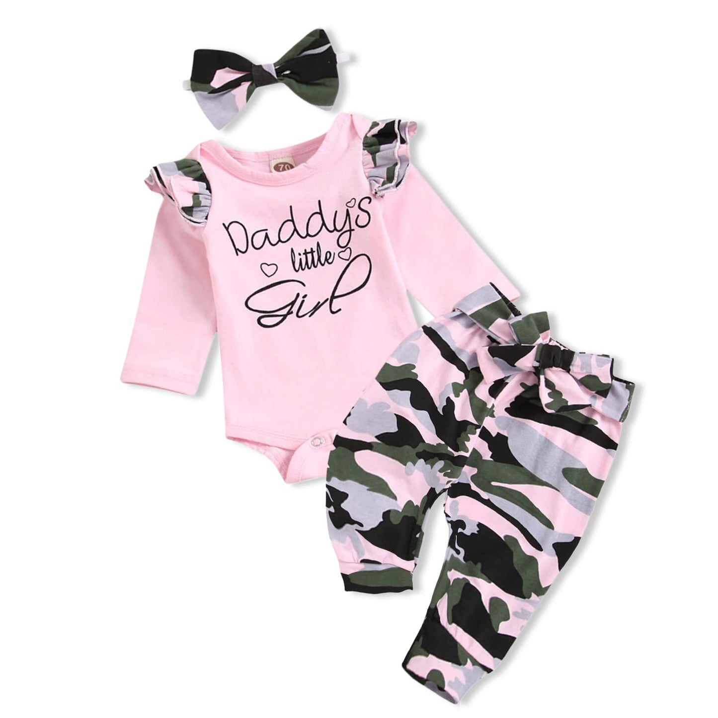 Amawmw Baby Girl Clothes Set Daddys Little Girl Ruffle Romper Top Camouflage Pants Newborn Infant Baby Girl Outfit (Pink, 12-18